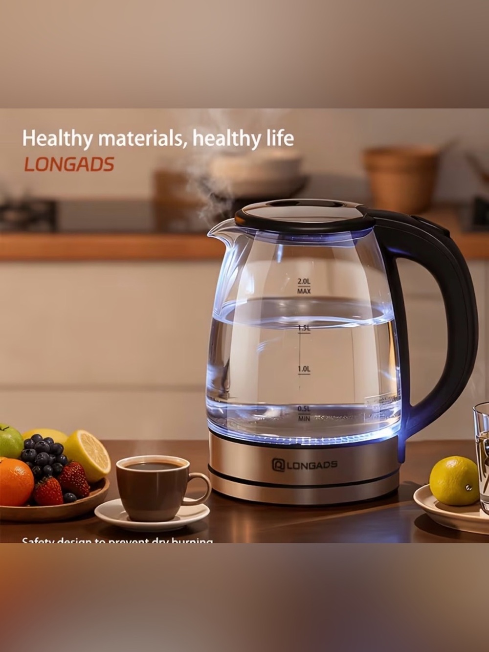 Clear Glass Electric Kettle in Silver and Black